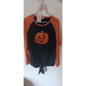 Womens Halloween Tee XL  Sequined pumpkin face. Front tie. Black and orange